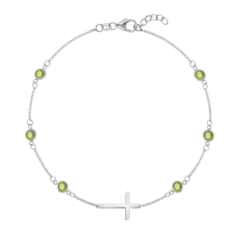 Bayberry Peridot Birthstone Cross Bracelet in 14k Gold (August) - White Gold