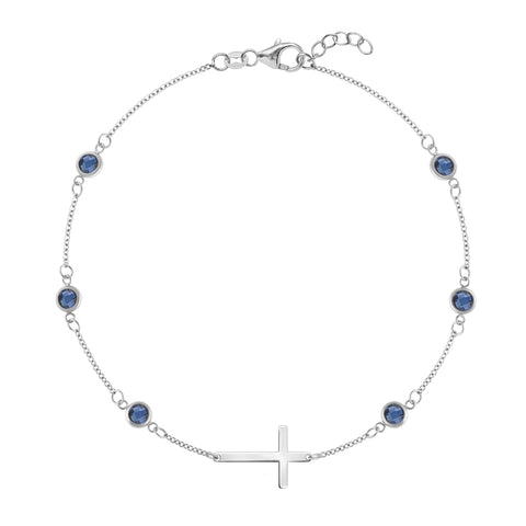 Bayberry Sapphire Birthstone Cross Bracelet in 14k Gold (September) - White Gold