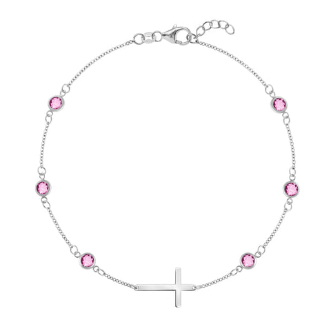 Bayberry Pink Sapphire Birthstone Cross Bracelet in 14k Gold (October) - White Gold