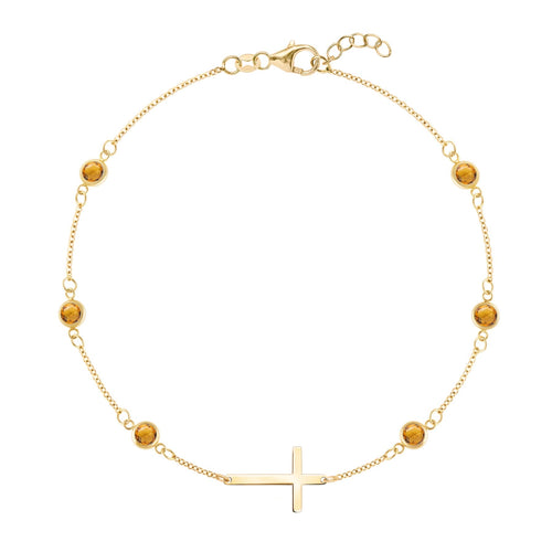 Bayberry Citrine Birthstone Cross Bracelet in 14k Gold (November)