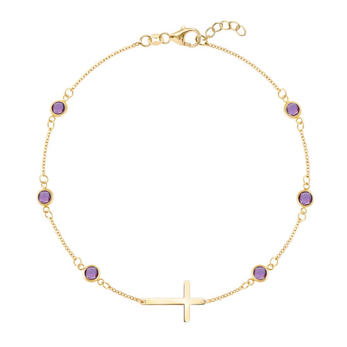Bayberry Amethyst Birthstone Cross Bracelet in 14k Gold (February)