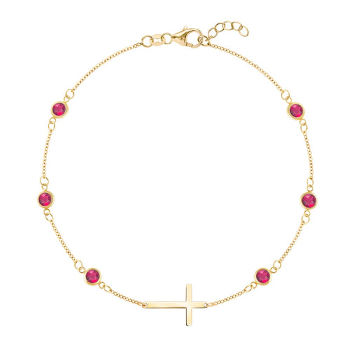 Bayberry Ruby Birthstone Cross Bracelet in 14k Gold (July)