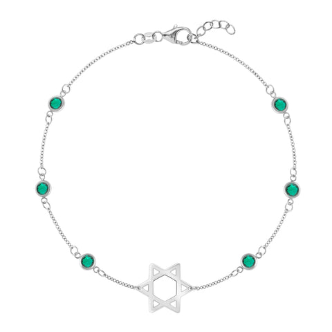 Bayberry Emerald Star of David Bracelet in 14k Gold (May) - White Gold