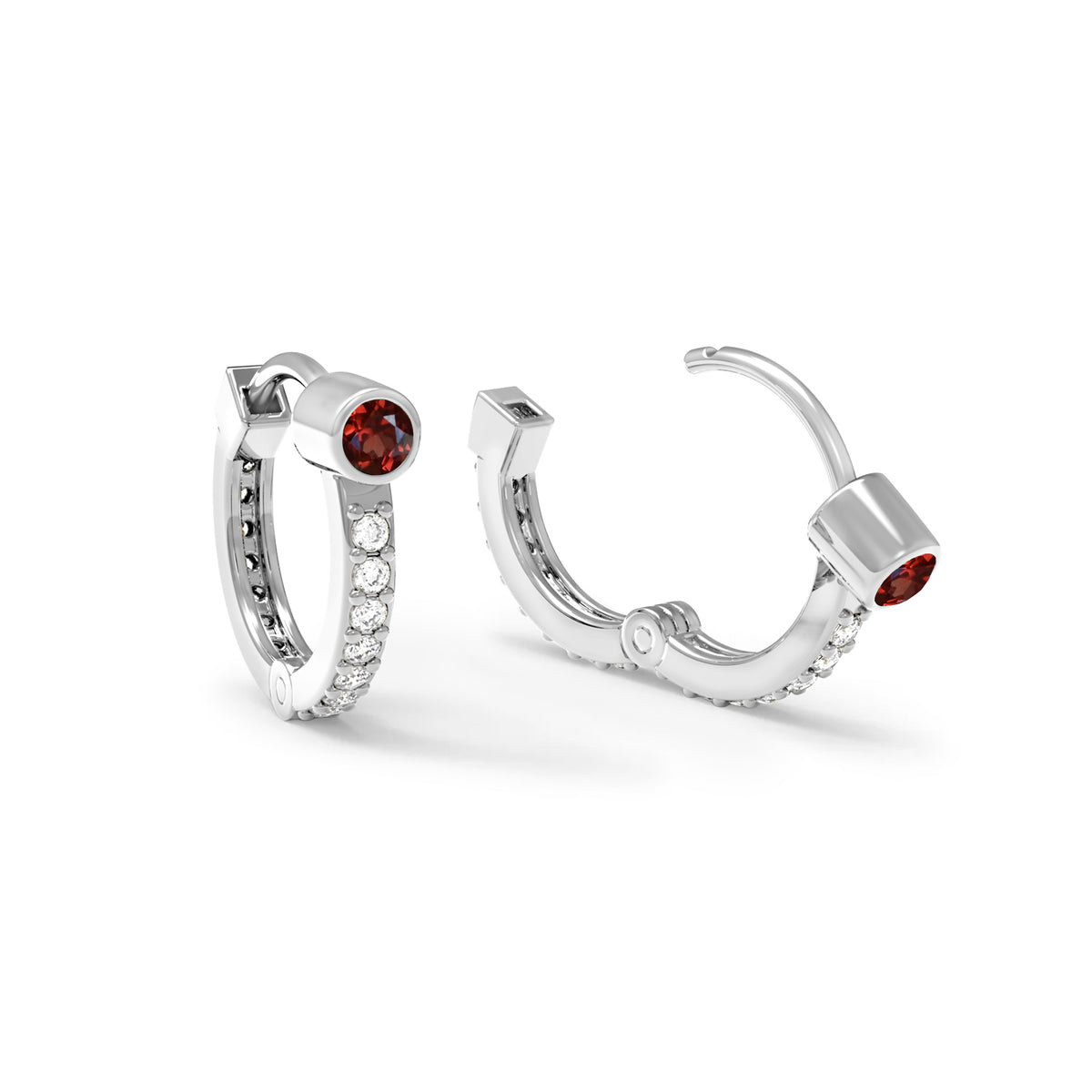 Garnet Huggie Hoops with Diamonds in 14k Gold (January)