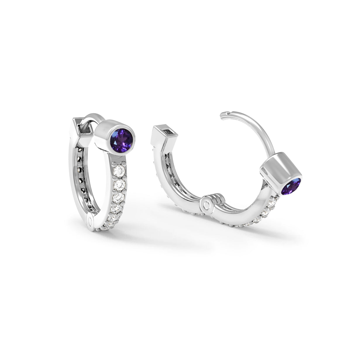 Amethyst Huggie Hoops with Diamonds in 14k Gold (February)
