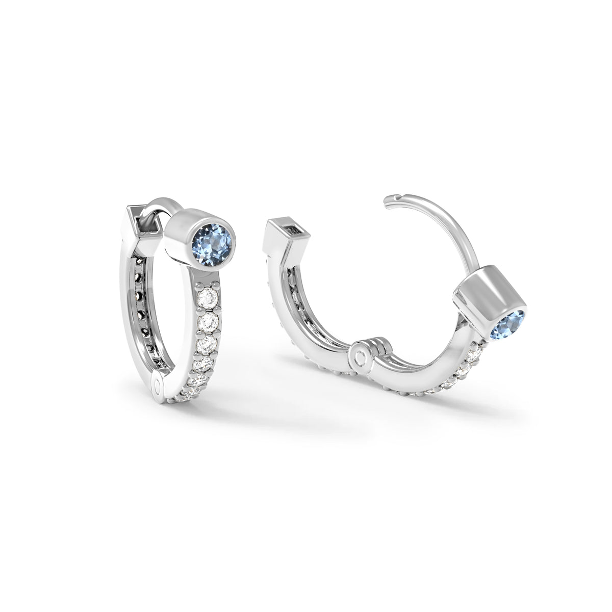 Aquamarine Huggie Hoops with Diamonds in 14k Gold (March)