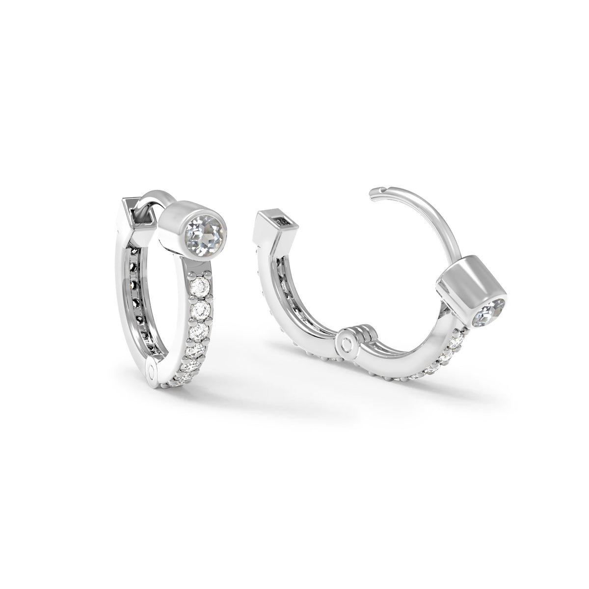 White Topaz Huggie Hoops with Diamonds in 14k Gold (April)
