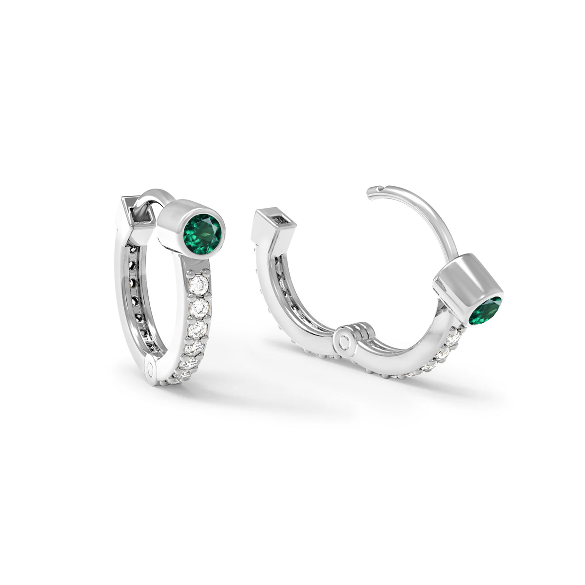 Emerald Huggie Hoops with Diamonds in 14k Gold (May)