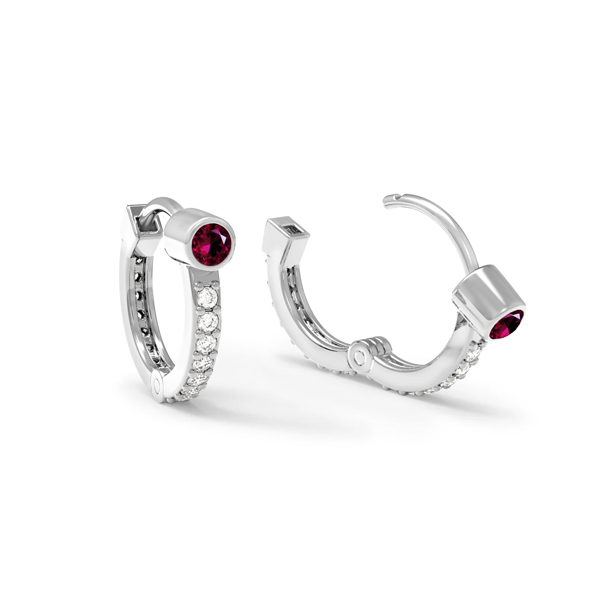 Ruby Huggie Hoops with Diamonds in 14k Gold (July)