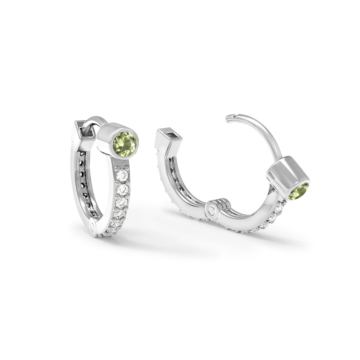 Peridot Huggie Hoops with Diamonds in 14k Gold (August)