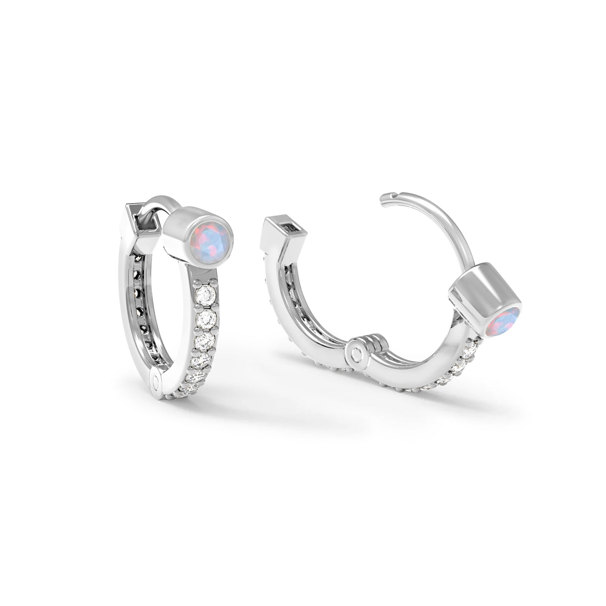 Opal Huggie Hoops with Diamonds in 14k Gold (October)