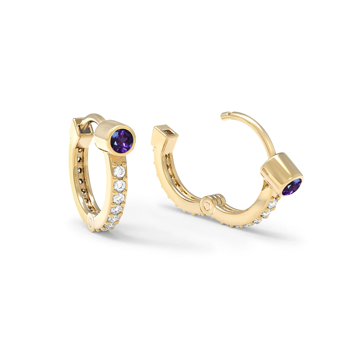 Amethyst Huggie Hoops with Diamonds in 14k Gold (February)