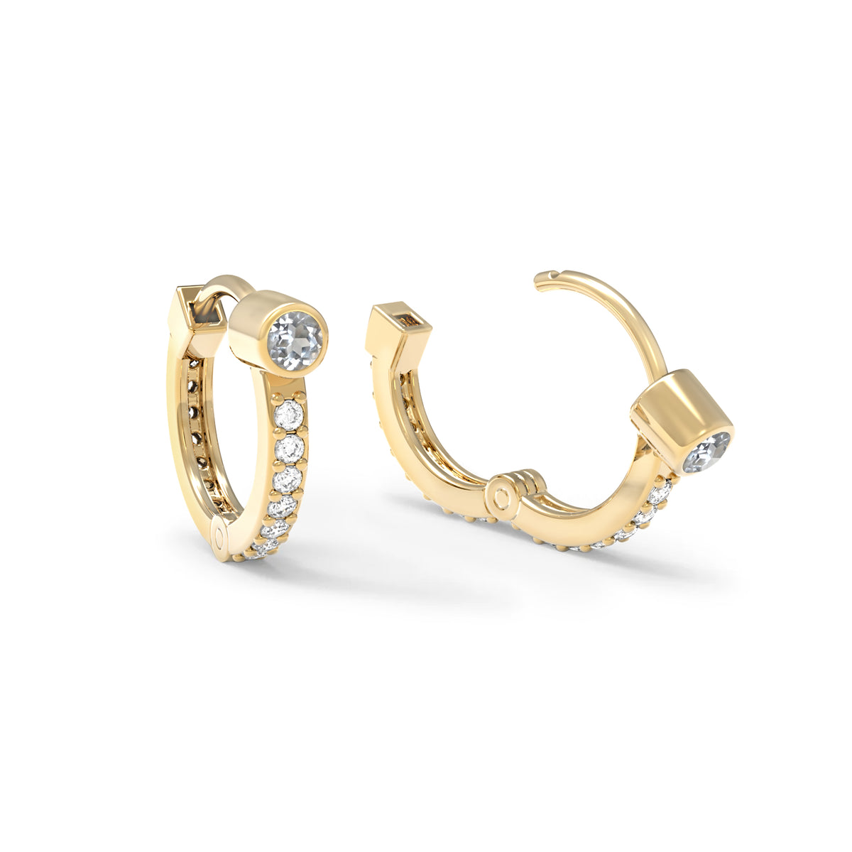 White Topaz Huggie Hoops with Diamonds in 14k Gold (April)