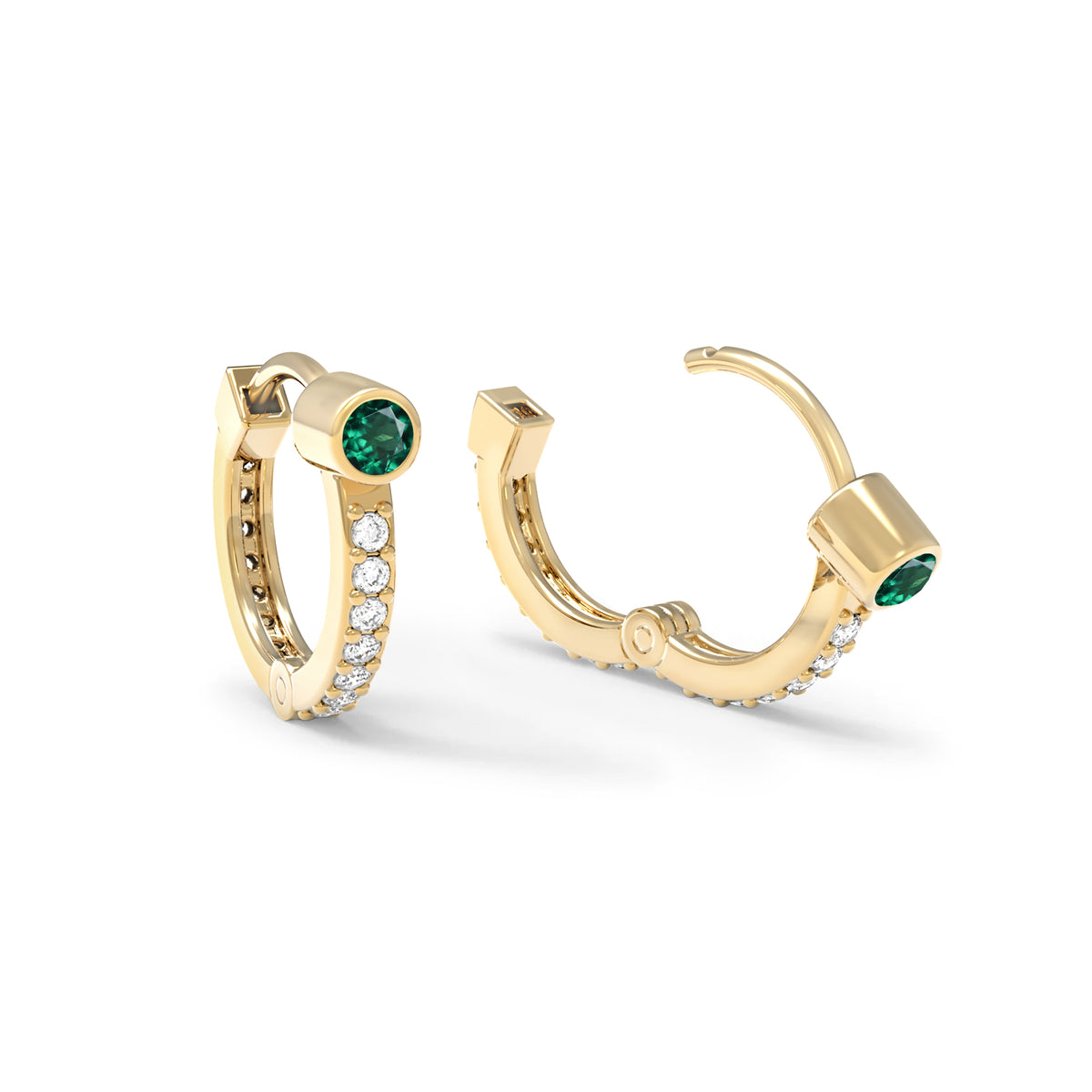Emerald Huggie Hoops with Diamonds in 14k Gold (May)