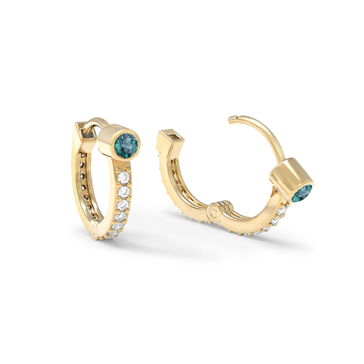 Alexandrite Huggie Hoops with Diamonds in 14k Gold (June)
