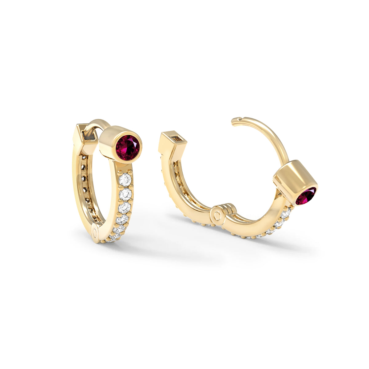 Ruby Huggie Hoops with Diamonds in 14k Gold (July)