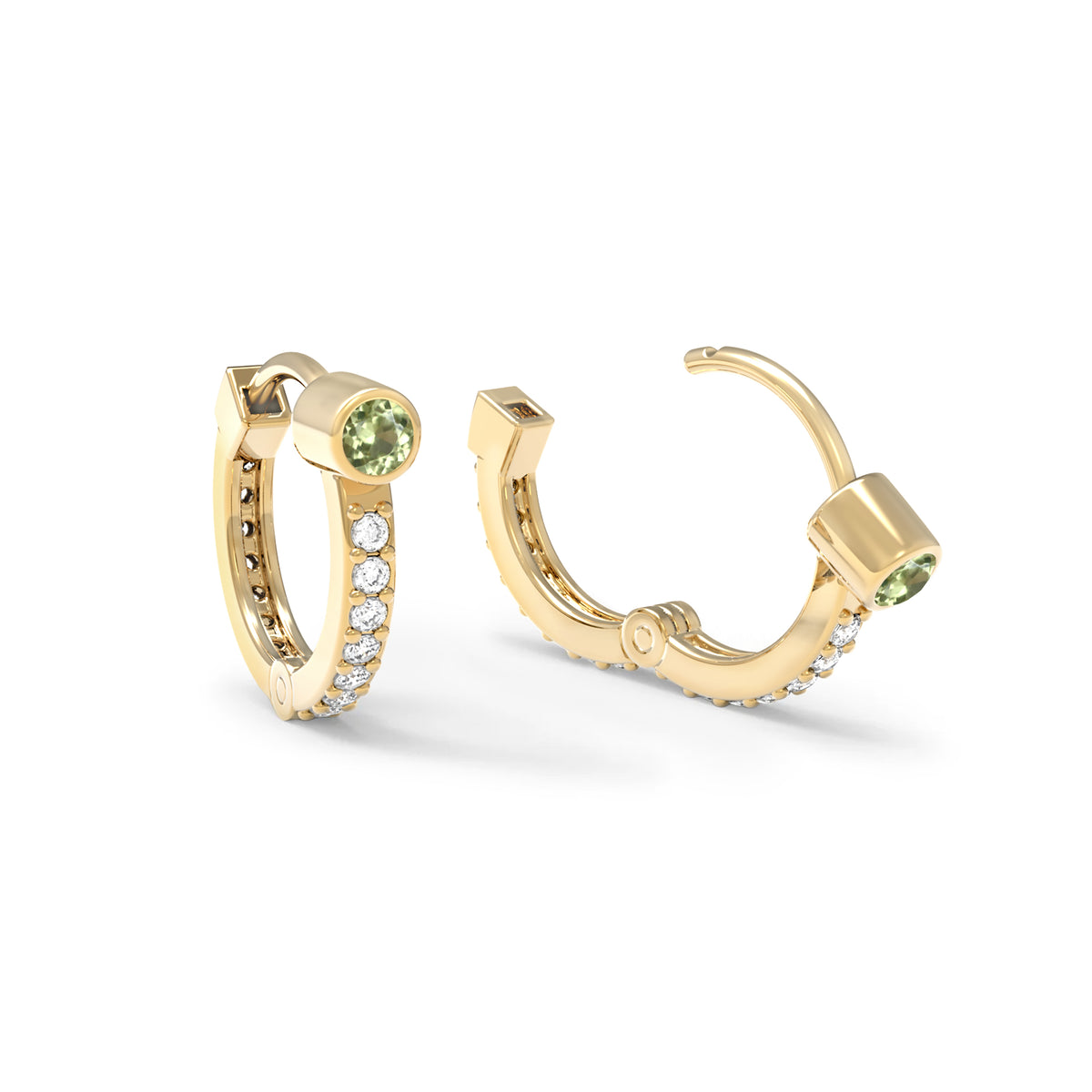 Peridot Huggie Hoops with Diamonds in 14k Gold (August)