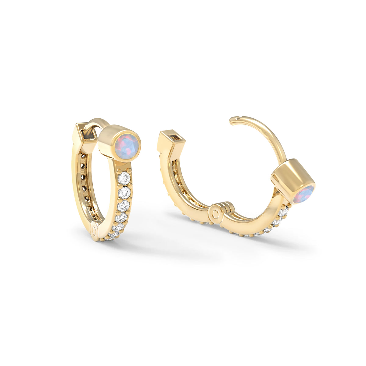 Opal Huggie Hoops with Diamonds in 14k Gold (October)