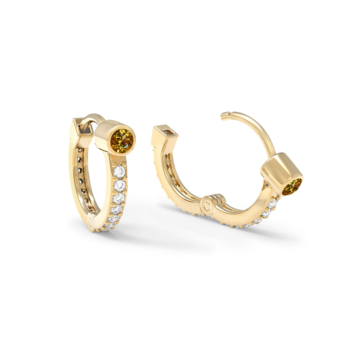Citrine Huggie Hoops with Diamonds in 14k Gold (November)