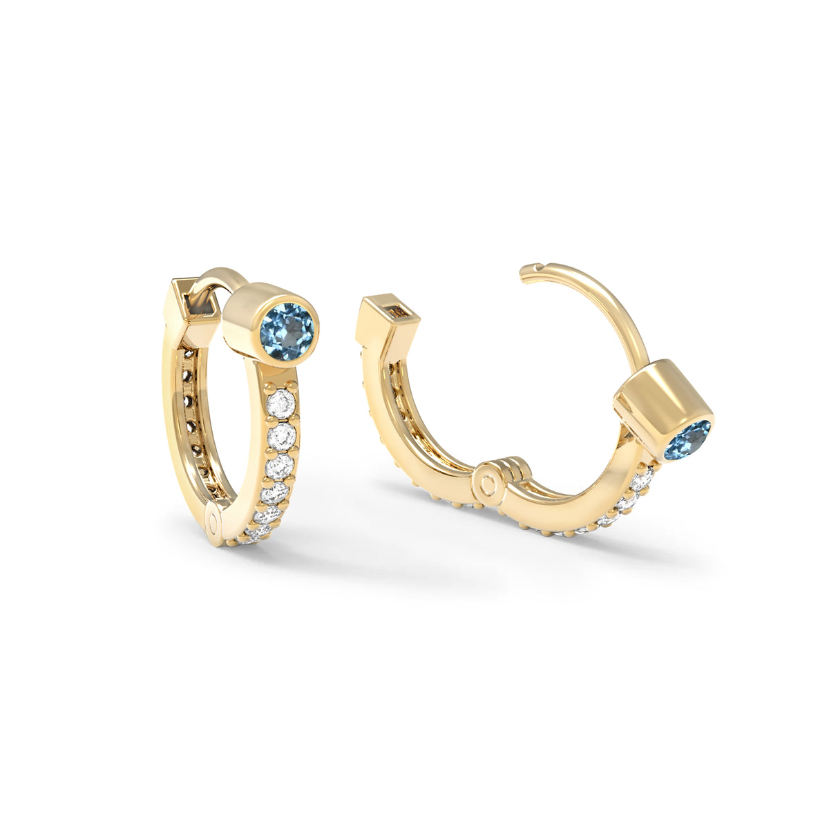 Nantucket Blue Topaz Huggie Hoops with Diamonds in 14k Gold (December)