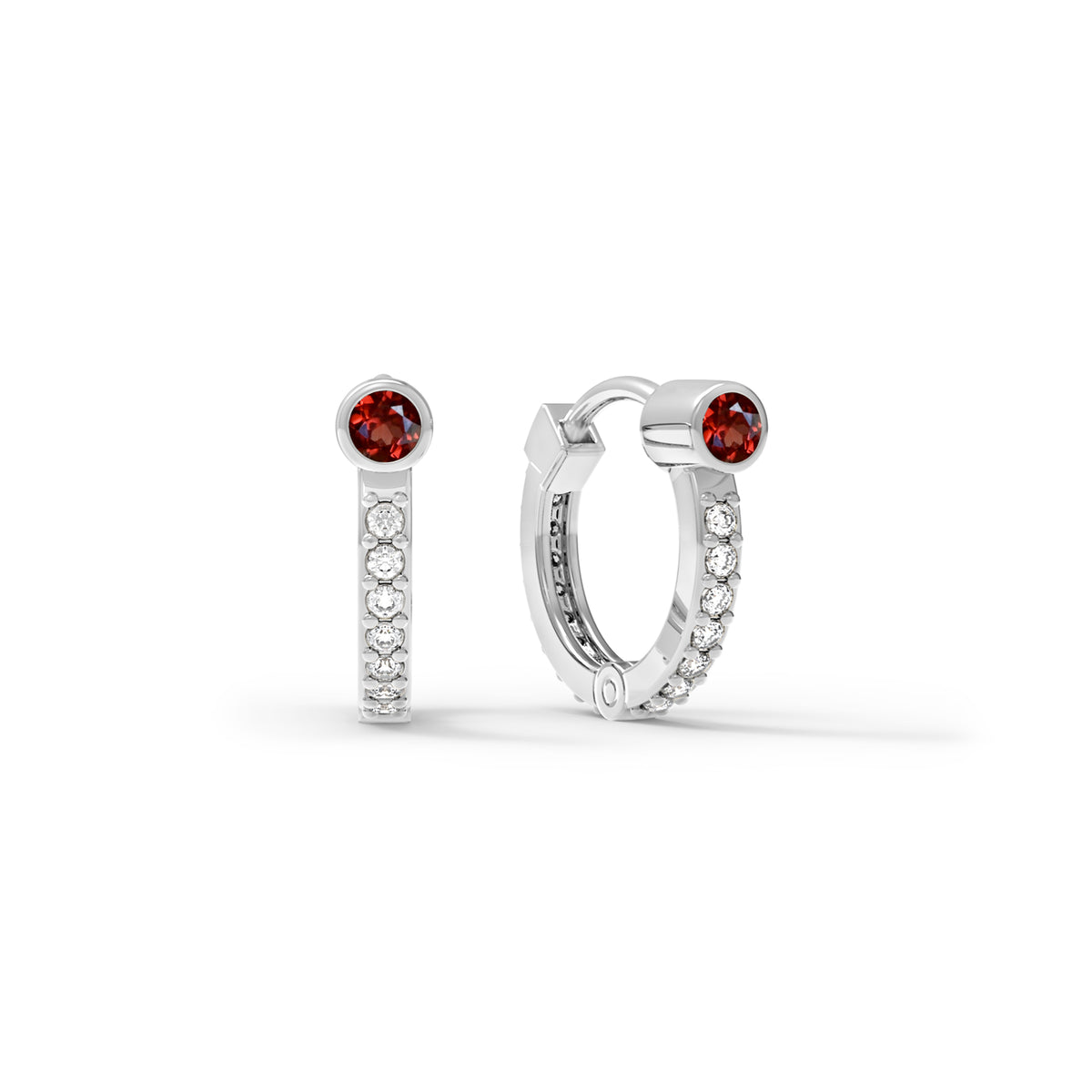 Garnet Huggie Hoops with Diamonds in 14k Gold (January)
