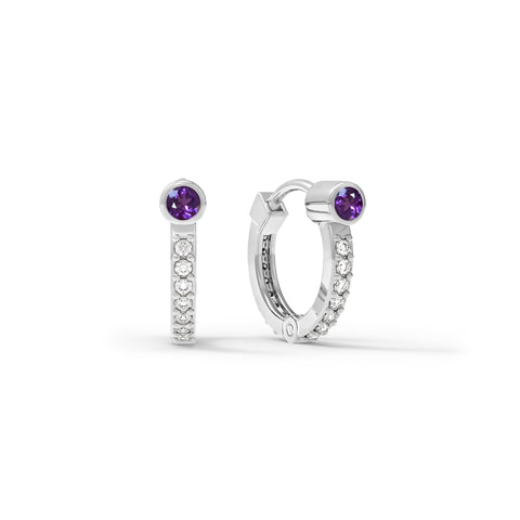 Amethyst Huggie Hoops with Diamonds in 14k Gold (February) - White Gold
