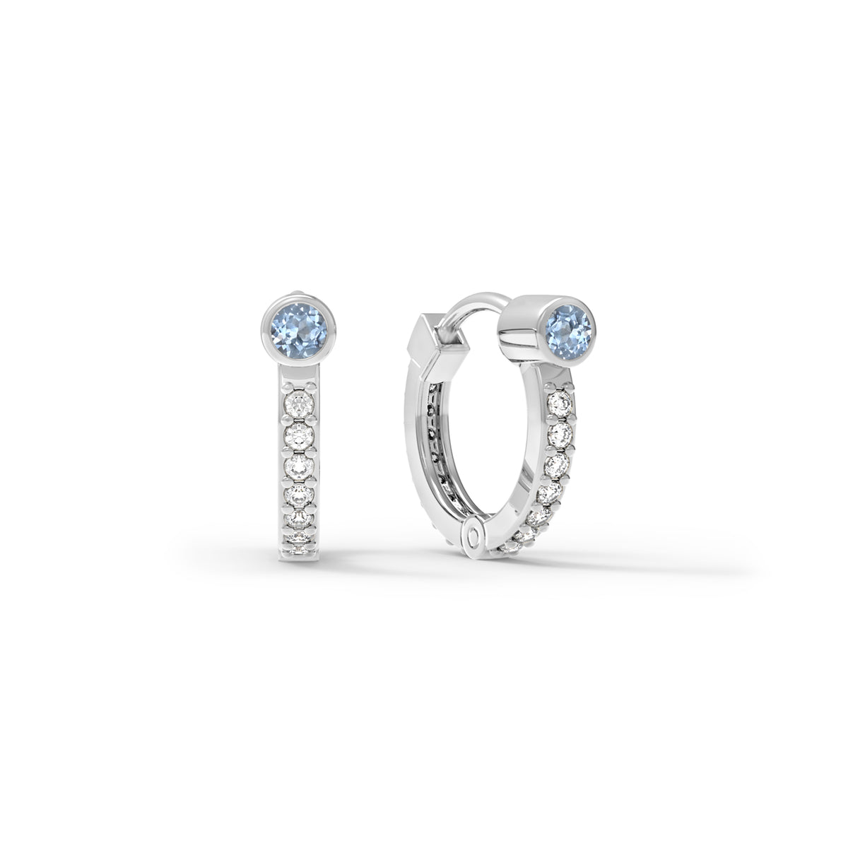 Aquamarine Huggie Hoops with Diamonds in 14k Gold (March)