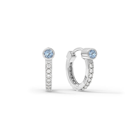 Aquamarine Huggie Hoops with Diamonds in 14k Gold (March) - White Gold