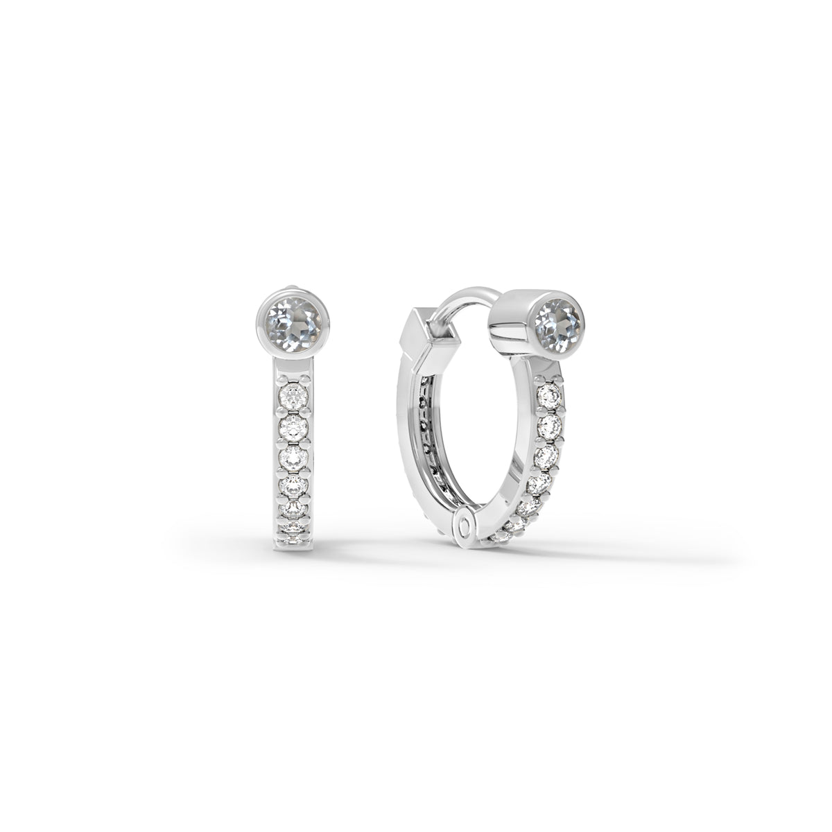 White Topaz Huggie Hoops with Diamonds in 14k Gold (April)