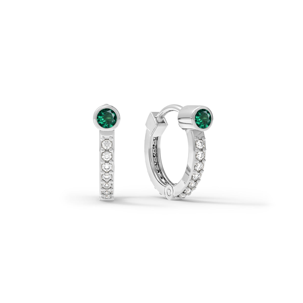 Emerald Huggie Hoops with Diamonds in 14k Gold (May)