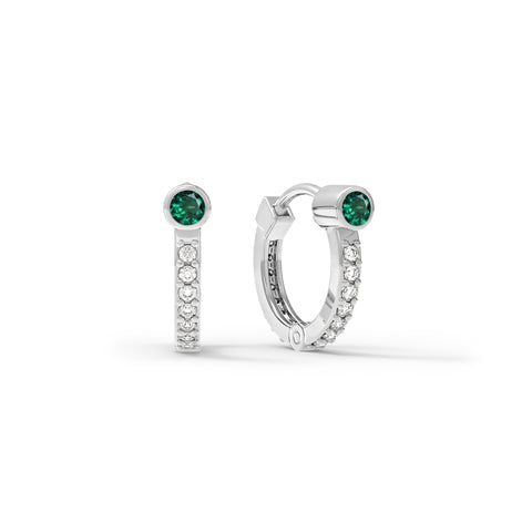 Emerald Huggie Hoops with Diamonds in 14k Gold (May) - White Gold