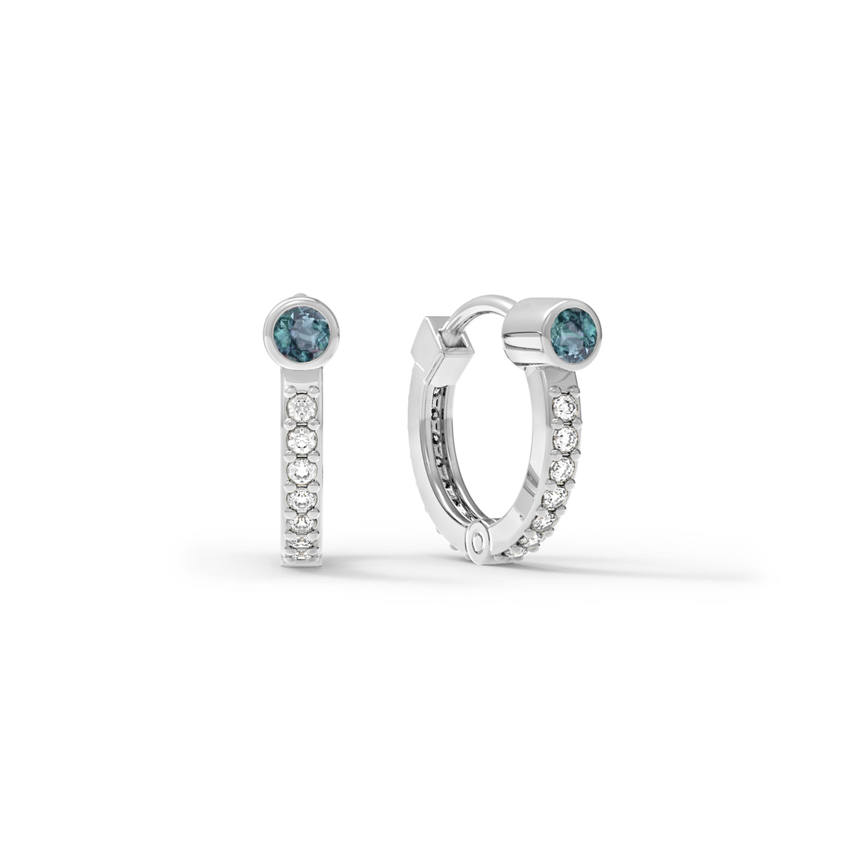 Alexandrite Huggie Hoops with Diamonds in 14k Gold (June)