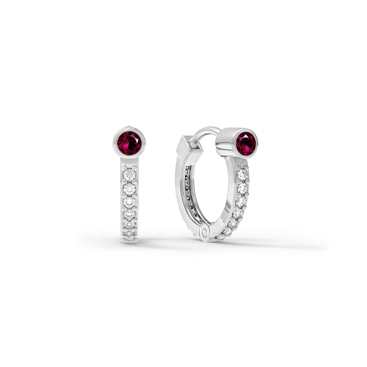 Ruby Huggie Hoops with Diamonds in 14k Gold (July)