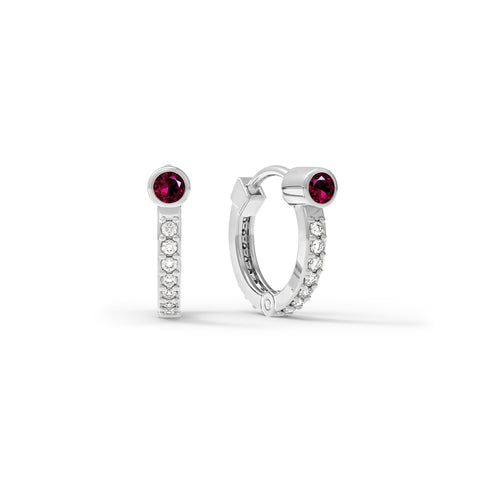 Ruby Huggie Hoops with Diamonds in 14k Gold (July) - White Gold
