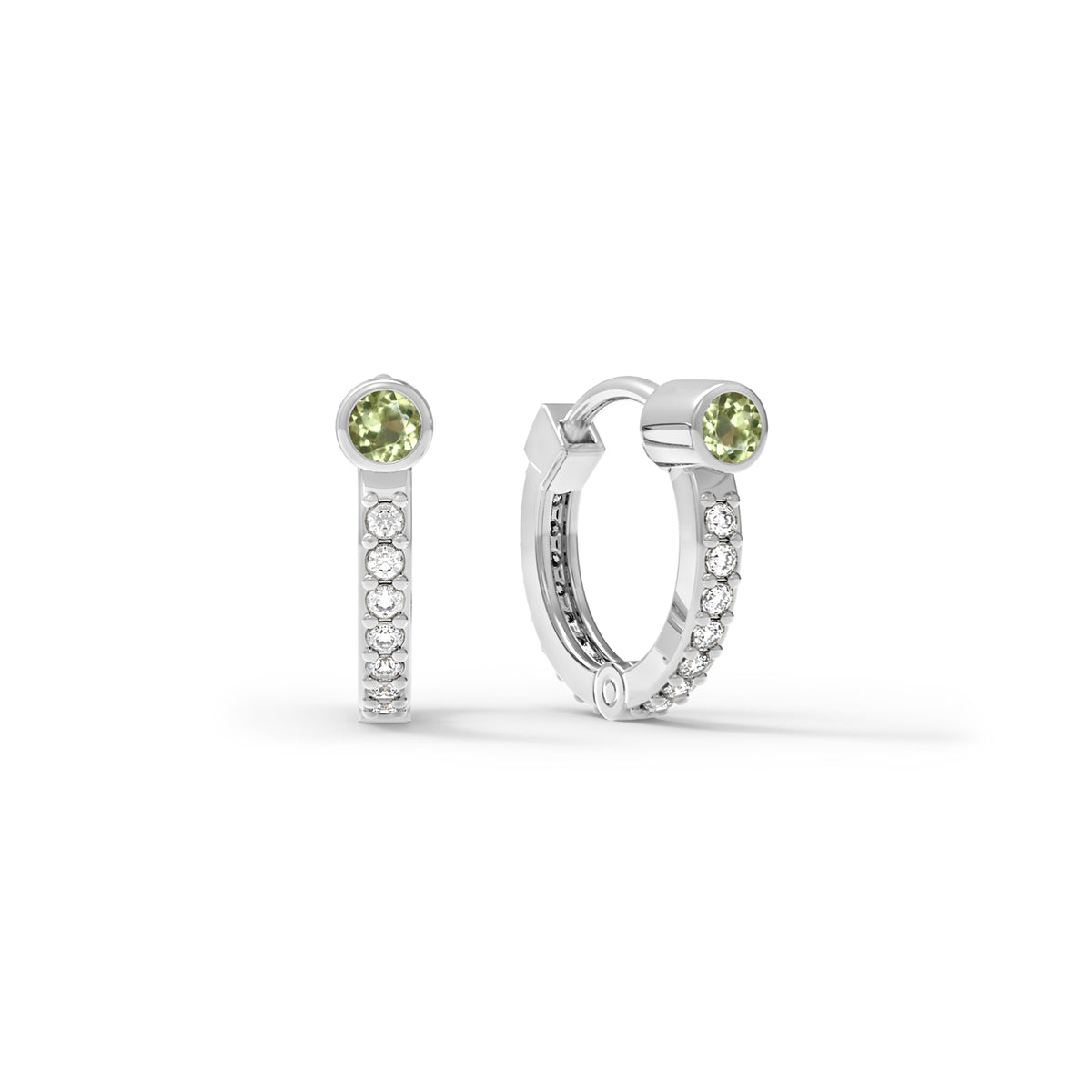 Peridot Huggie Hoops with Diamonds in 14k Gold (August)