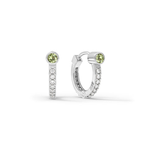 Peridot Huggie Hoops with Diamonds in 14k Gold (August) - White Gold