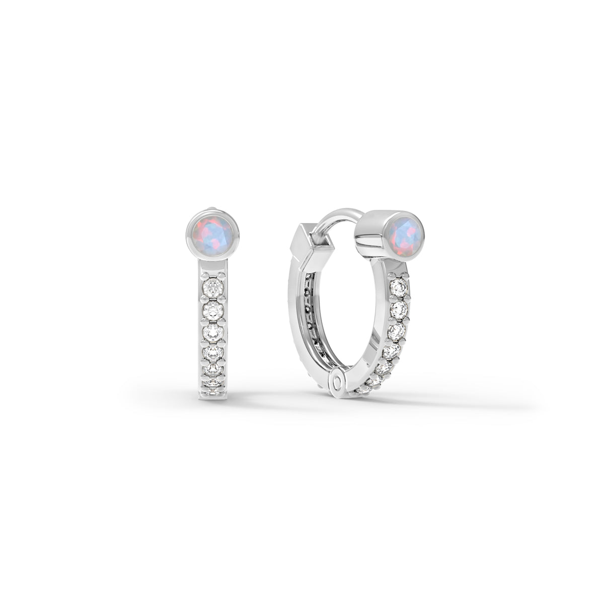 Opal Huggie Hoops with Diamonds in 14k Gold (October)