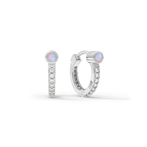 Opal Huggie Hoops with Diamonds in 14k Gold (October) - White Gold