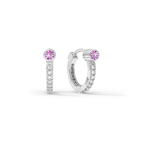 Pink Sapphire Huggie Hoops with Diamonds in 14k Gold (October) - White Gold