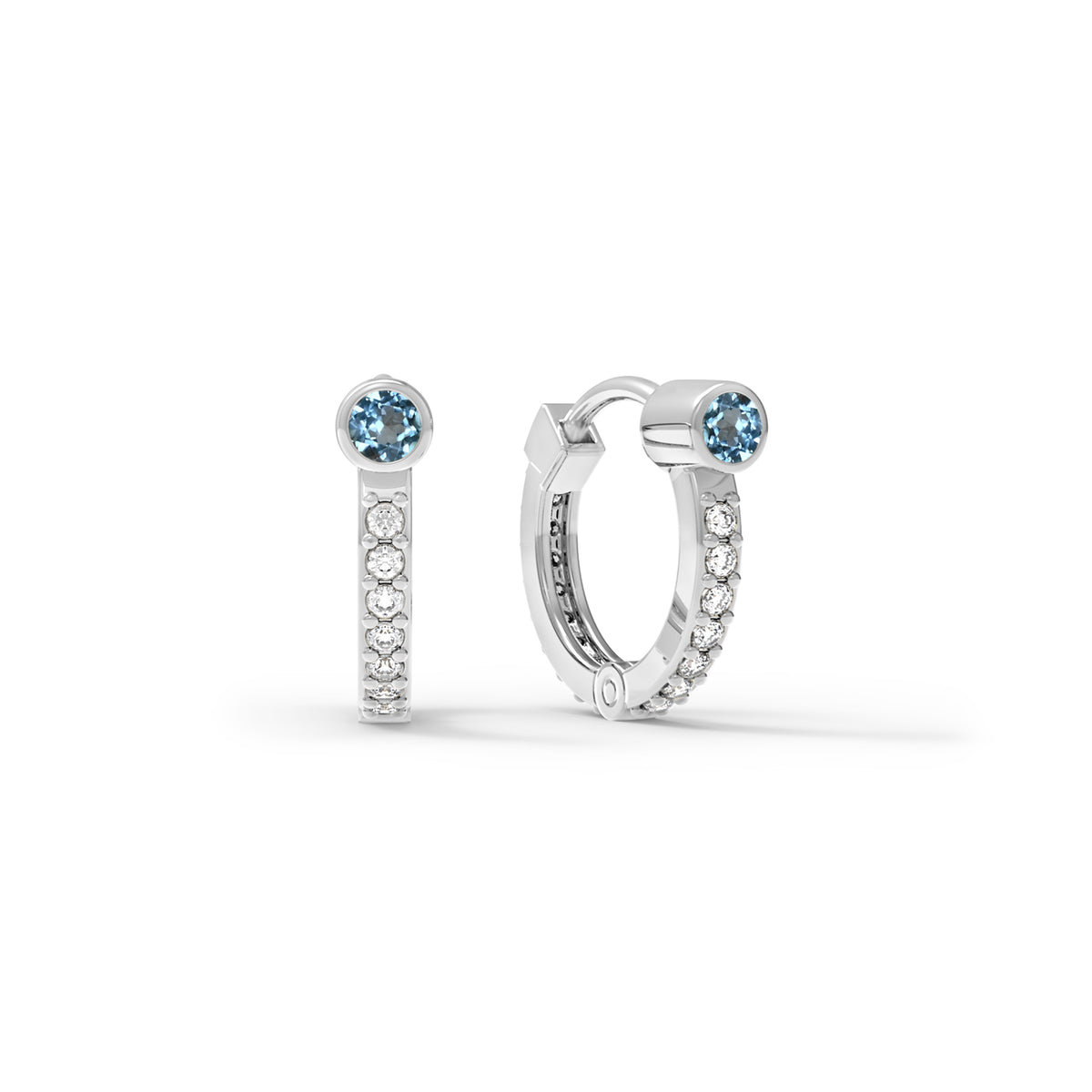 Nantucket Blue Topaz Huggie Hoops with Diamonds in 14k Gold (December)