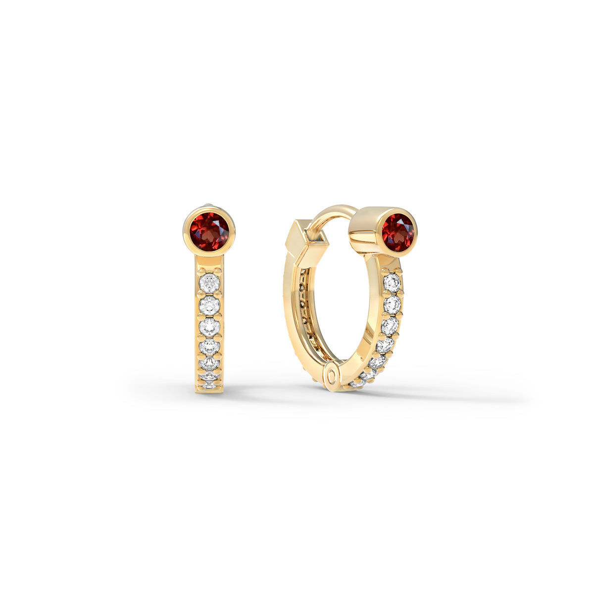 Garnet Huggie Hoops with Diamonds in 14k Gold (January)