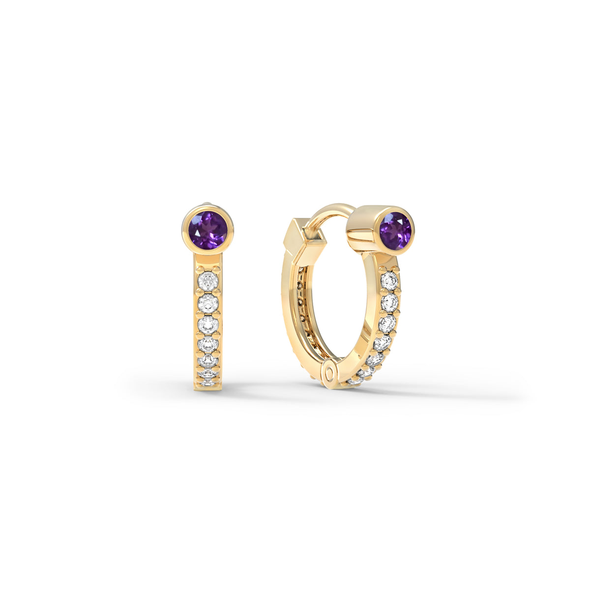 Amethyst Huggie Hoops with Diamonds in 14k Gold (February)