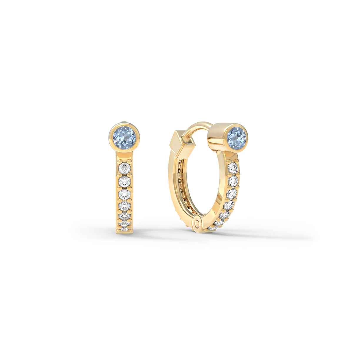 Aquamarine Huggie Hoops with Diamonds in 14k Gold (March)