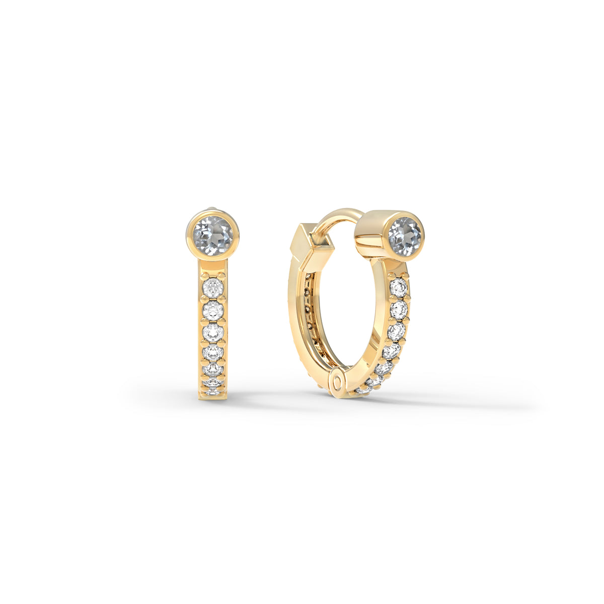 White Topaz Huggie Hoops with Diamonds in 14k Gold (April)