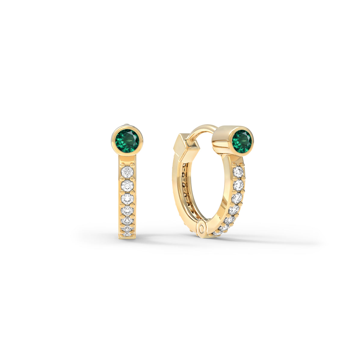 Emerald Huggie Hoops with Diamonds in 14k Gold (May)