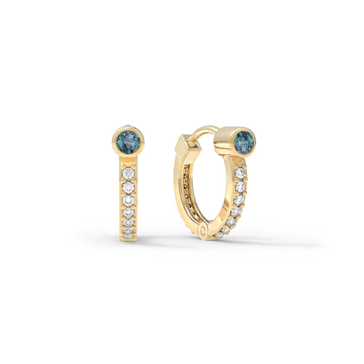 Alexandrite Huggie Hoops with Diamonds in 14k Gold (June)