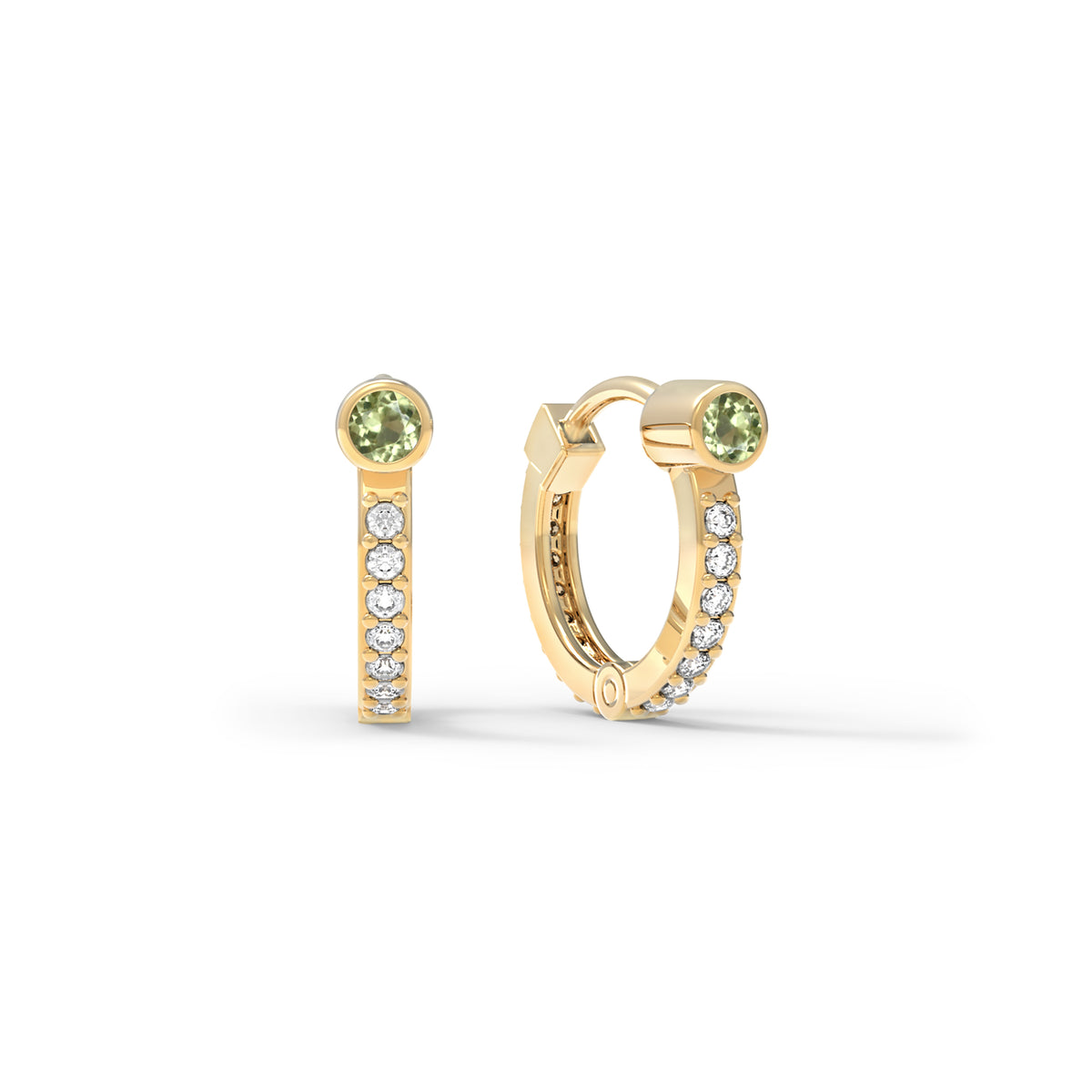 Peridot Huggie Hoops with Diamonds in 14k Gold (August)