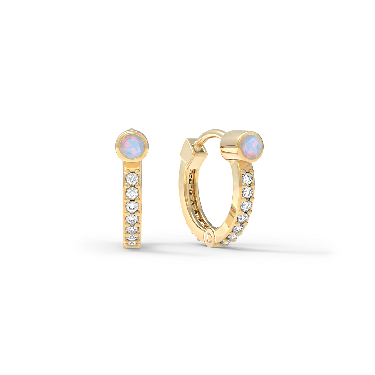 Opal Huggie Hoops with Diamonds in 14k Gold (October)