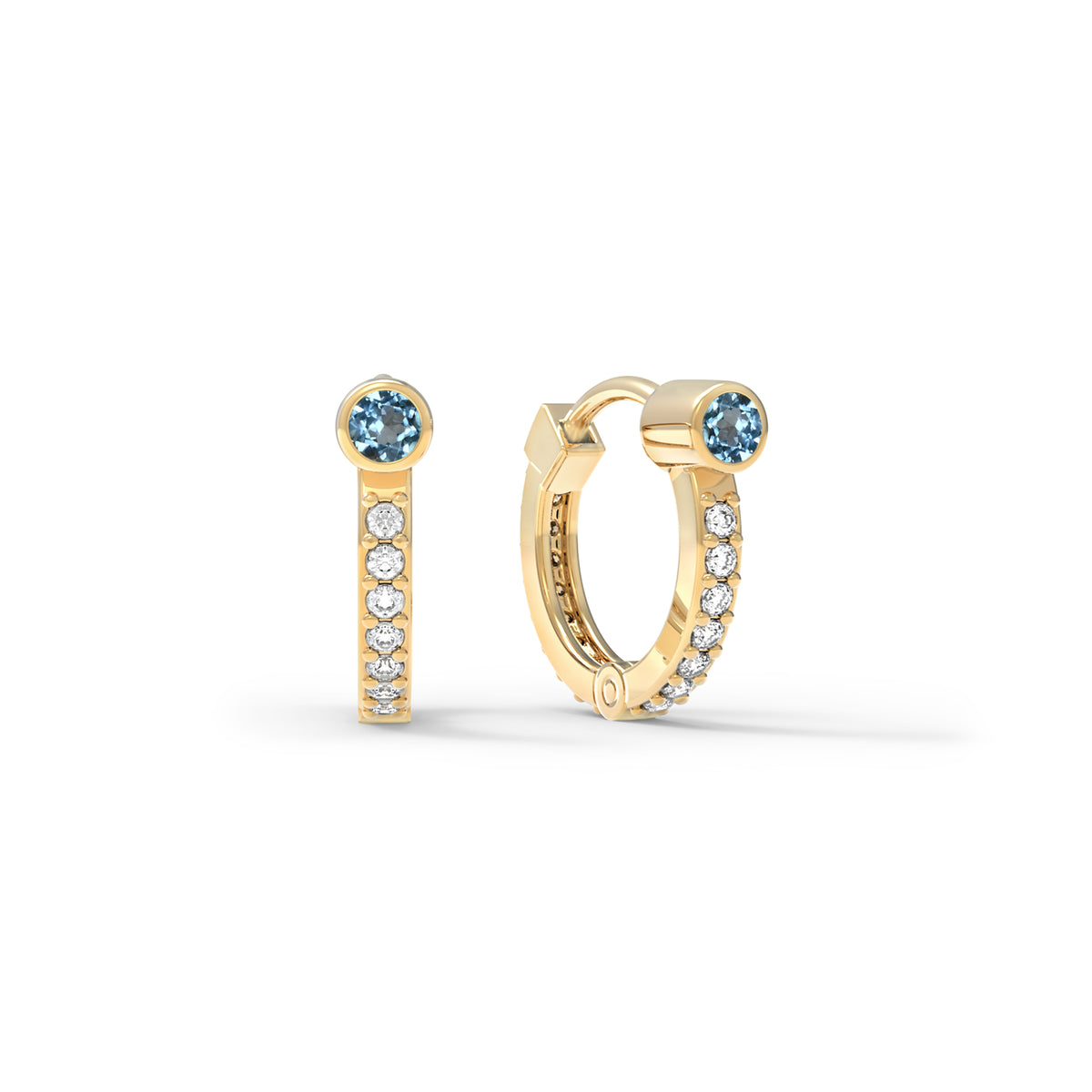 Nantucket Blue Topaz Huggie Hoops with Diamonds in 14k Gold (December)