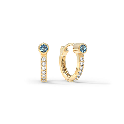 Nantucket Blue Topaz Medium Huggie Hoops with Diamonds in 14k Gold (December)